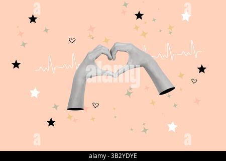 Collage einer Frau, die Herzform mit beiden Händen auf rosa Hintergrund macht Herzen, Sterne und eine elektrokardiographische Verfolgung Stockfoto