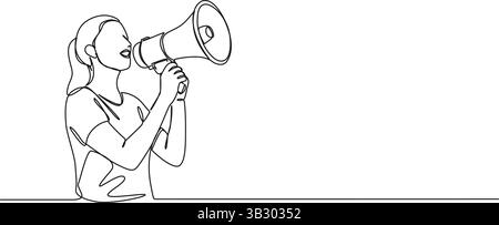 Durchgehende Einzeilenzeichnung der Frau mit Megaphon, Strichkunstvektorillustration Stock Vektor