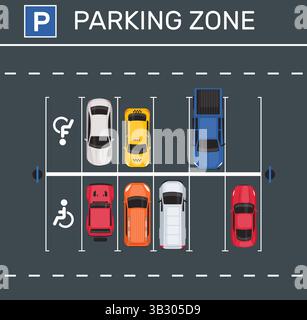 Städtischer Parkplatz mit Blick von Pkw. Autoverkehr. Straßengarage im Freien, Asphaltzone. Regel für den Transportantrieb. Fahrzeugplatz zur Deaktivierung Stock Vektor