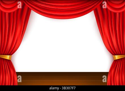 Rote realistische Vorhänge auf Theater- oder Filmbühne. Operndrama. Theatralische klassische Textilien. Textur aus 3D-Samtgewebe. Holzfußboden mit Szene. Leistung Stock Vektor