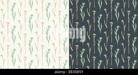 2er-Set mit nahtlosem Muster mit pflanzlicher Silhouette. Wilde Natur, Wiesen, Gras, umweltfreundliche Kulisse. Pastellfarben. Weiß, schwarz Vintage Stock Vektor