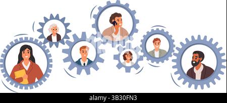 Zahnräder mit Menschen sehen sich Symbolen gegenüber. Kommunikation zwischen Männern und Frauen. Zahnradverbindung. Geschäftspartnerschaft oder Zusammenarbeit. Zusammenarbeit von Geschäftsleuten. Stock Vektor