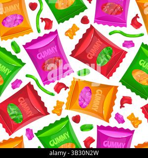 Kauen Marmeladen-farbige Packungen nahtloses Muster. Köstliches Gelatinessert. Lebensmittelverpackung. Gummibär. Gelee Bonbons. Wiederholter Druck. Süßwarenverpackungen. Y Stock Vektor