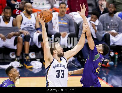 1. Februar 2016: Anthony Davis (23) verteidigt den Korb gegen den Memphis Grizzlies-Center Marc Gasol (33) während eines NBA-Basketballspiels zwischen den Memphis Grizzlies und den New Orleans Pelicans im Smoothie King Center in New Orleans, LA. Memphis Grizzlies besiegt die New Orleans Pelicans 110:95. Stephen Lew/CSM(Bild: © Stephen Lew/CSM via ZUMA Wire) Stockfoto