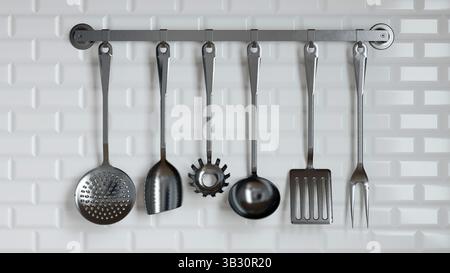 Die Kollektion eleganter Küchenutensilien aus Metall wird auf einem Regal vor einer strukturierten weißen Wand ausgestellt und zeigt verschiedene Werkzeuge zum Kochen und Essen Stockfoto