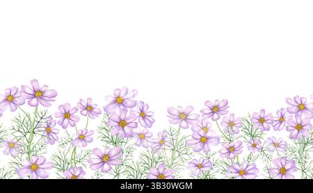 Aquarellrosa Kosmos Blume mit grünen Blättern nahtloses Banner isolierter Hintergrund. Illustration der Äste der Cosmea-Blumen. Blumensommer, Herbst Stockfoto