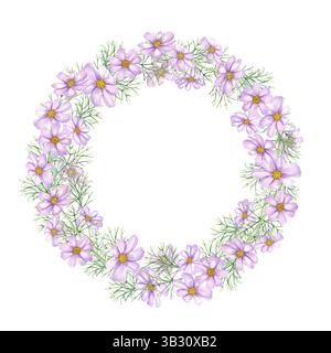 Aquarellkosmos Blume mit grünen Blättern Kranz isoliert Hintergrund. Zarte Blüten mit Blättern, runder Rahmen mit leerem Platz für Text. Stockfoto