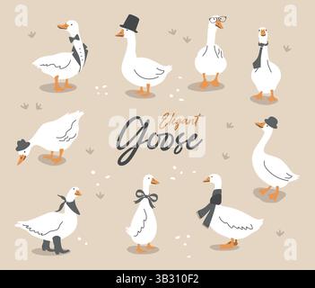 Set süßer gekleideter Gänse. Gans in Hut, Krawatte, Schal, Brille. Lustige Vektor-Illustration Stock Vektor