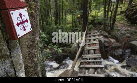 Holzbrücke führt über einen Bach im Wald, Olav's Cross Trail Marker für Pilger auf dem Olav Trail oder Olavsleden, in der Nähe von Kvam, Gudbrandsdalen, No Stockfoto