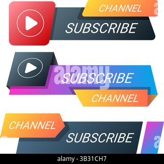 Eine Sammlung von drei visuell dynamischen und modernen Grafiken im Tastenstil, die für Abonnements auf Social-Media-Kanälen entwickelt wurden. Stock Vektor