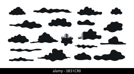 Set von Wolkenformen der schwarzen Silhouette, isoliert auf weißem Hintergrund. Konzept der Wettersymbole, abstrakte Himmelselemente, minimalistisches Design, stimmungsvolle Kunst Stock Vektor
