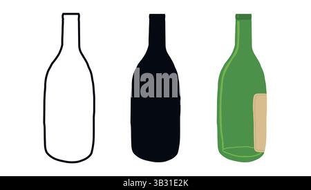 Minimalistische Illustration der leeren Weinflasche aus Glas in Outline, Silhouette, farbigen Stilen. Konzept der Getränkeverpackung, Bierflaschendesign, modernes GRA Stock Vektor