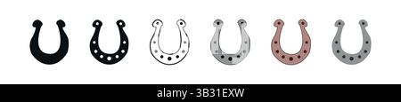 Satz von Hufeisen in verschiedenen Stilen, Schwarze Silhouette, Outline, farbige Versionen auf weißem Hintergrund. Glücksspiel, Reitsymbole, Wester Stock Vektor