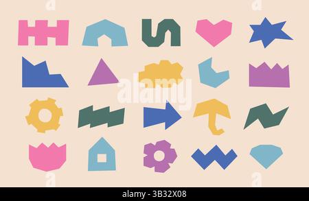Verschiedene farbenfrohe abstrakte flache y2k-geometrische Figuren, Formen. Grooviges funky eckiges Retro-Vektor-Element-Set im 90er-Stil. Stock Vektor