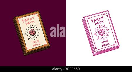 Tarot-Deck für Vorhersagen oder magische Rituale, Kartensatz. Halloween Hexerei und Hexerei Dinge Magier und Voodoo Hand gezeichnet Gravur Stock Vektor
