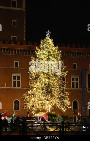 Beleuchteter weihnachtsbaum in urbaner Nachtszene für festliche Feiertagsatmosphäre Stockfoto
