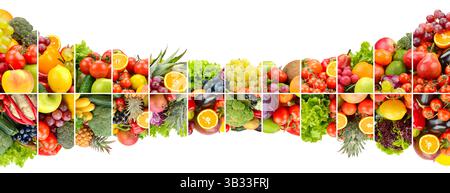 Große Zusammensetzung von Obst, Gemüse und Beeren, geteilt durch vertikale Linien auf weißem Hintergrund. Stockfoto