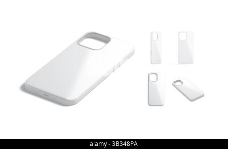 Modell der weißen, glänzenden Handyhülle, verschiedene Ansichten, 3D-Rendering. Leere Smartphone-Abdeckung aus Kunststoff oder Silikon, isoliert. Transparenter Schutz Stockfoto