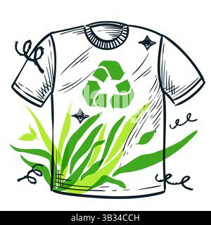 Recyceln Sie Kleidung, kein Abfall und nachhaltiges Konzept. T-Shirt mit Recycling-Symbol und grünen Blättern. Vektorgrafik von Hand gezeichnet Stock Vektor