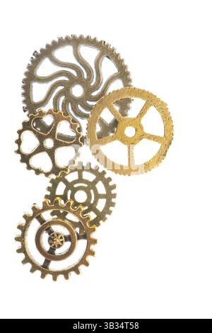 Industrieräder aus Kupfer und Silber isoliert auf weißem Hintergrund Stockfoto