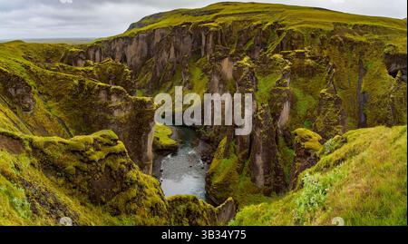 Fjaðrárgljúfur Canyon bedeckt mit Moos, Süd-Island Stockfoto
