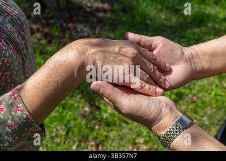 Älteres Ehepaar Hält Draußen Zärtlich Die Hände. Nahaufnahme der Hände älterer Paare in einem sanften, fürsorglichen Griff vor grünem Gartenhintergrund Stockfoto
