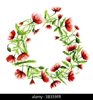 Kranz mit rotem Mohn in Wasserfarbe isoliert auf weißem Hintergrund Stockfoto