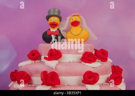 Lustige Hochzeitstorte mit lustigen paar Enten an der Spitze Stockfoto