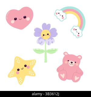 Süßes Kawaii-Set mit Regenbogen, Herz, Teddybär, Blume und Stern. Stock Vektor