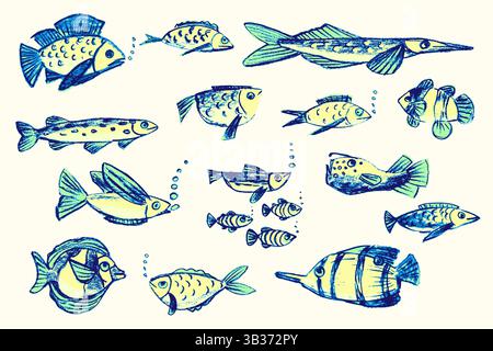 Handgezeichneter Buntstiftsatz mit verschiedenen Fischen. Kritzelformen in Gelb. Grün und blau. Niedliches Meeresmuster. Unterwasserkinder Schulhintergrund. Kreideskizze Stock Vektor