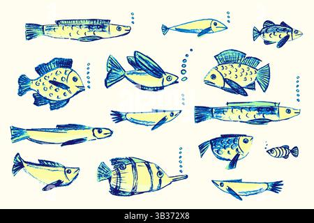 Handgezeichneter Buntstiftsatz mit verschiedenen Fischen. Kritzelformen in Gelb. Grün und blau. Niedliches Meeresmuster. Unterwasserkinder Schulhintergrund. Kreideskizze Stock Vektor