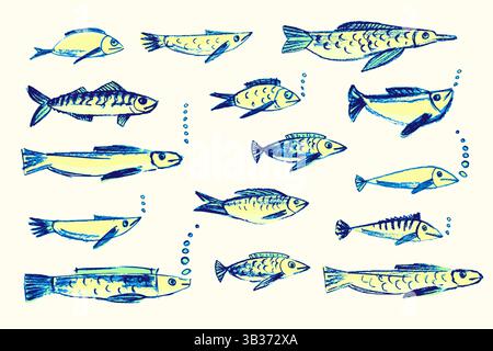 Handgezeichneter Buntstiftsatz mit verschiedenen Fischen. Kritzelformen in Gelb. Grün und blau. Niedliches Meeresmuster. Unterwasserkinder Schulhintergrund. Kreideskizze Stock Vektor