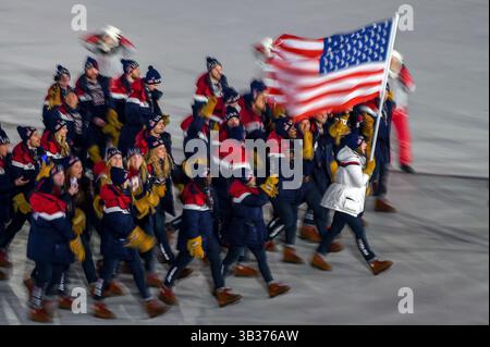 9. Februar 2018: Die Vereinigten staaten von Amerika bei der Eröffnung der olympischen winterspiele 2018 in Pyeongchang im Pyeongchang-olympiastadion in Pyeongchang, Südkorea. Ulrik Pedersen/CSM(Kreditbild: &Copy; Ulrik Pedersen/CSM via ZUMA Wire) Stockfoto