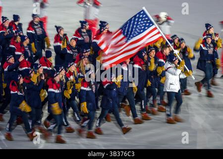 9. Februar 2018: Die Vereinigten staaten von Amerika bei der Eröffnung der olympischen winterspiele 2018 in Pyeongchang im Pyeongchang-olympiastadion in Pyeongchang, Südkorea. Ulrik Pedersen/CSM(Kreditbild: &Copy; Ulrik Pedersen/CSM via ZUMA Wire) Stockfoto