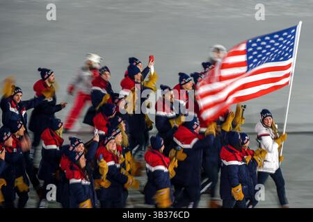 9. Februar 2018: Die Vereinigten staaten von Amerika bei der Eröffnung der olympischen winterspiele 2018 in Pyeongchang im Pyeongchang-olympiastadion in Pyeongchang, Südkorea. Ulrik Pedersen/CSM(Kreditbild: &Copy; Ulrik Pedersen/CSM via ZUMA Wire) Stockfoto