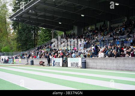Burnaby, Kanada. April 2025. Burnaby, British Columbia, Kanada, 27. April 2025: Große Anzahl von Fans des Vancouver Rise FC während des Northern Super League Fußballspiels zwischen Vancouver Rise FC und Montreal Roses FC im Swangard Stadium in Burnaby, British Columbia, Kanada (NUR REDAKTIONELLE VERWENDUNG). (Amy Elle/SPP) Credit: SPP Sport Press Photo. /Alamy Live News Stockfoto