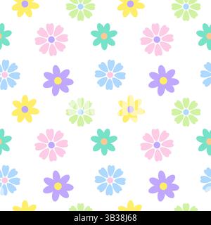 Nahtloses Blumenmuster aus pastellfarbenen Kornblumen und Gänseblümchen in flachem Stil auf weißem Hintergrund. Perfekt für Frühlings- oder Sommerblumen Stock Vektor
