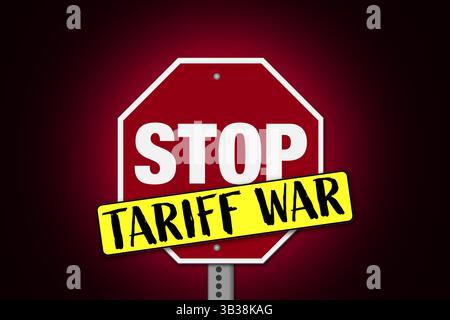 Stop Tariff war in einer Abbildung eines Stoppschilds mit rotem und schwarzem Hintergrund Stockfoto