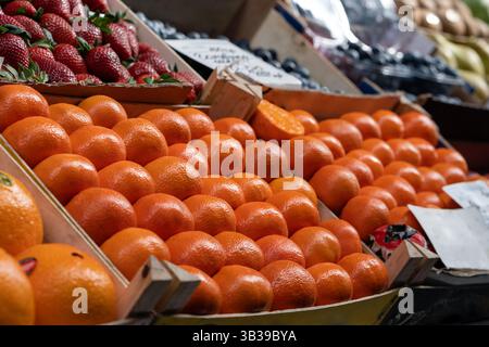 Frische Mandarinen in Kisten auf dem Lebensmittelmarkt. Kisten mit Mandarinen und anderen Früchten und Beeren auf dem Tresen eines Lebensmittelmarktes Stockfoto