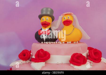 Lustige Hochzeitstorte mit lustigen paar Enten an der Spitze Stockfoto