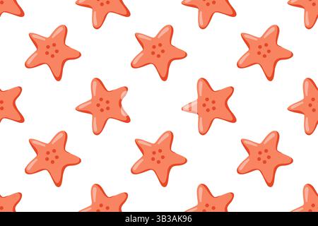 Nahtloses Sommermuster mit leuchtend rotem Cartoon-Seestern. Tropischer Vektor-Hintergrund mit niedlichen Meeressternen Stock Vektor