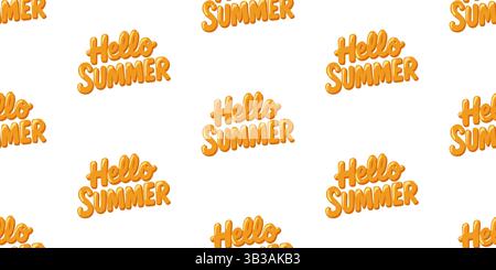 Nahtloses Sommermuster mit auffälligem gelb-orangefarbenem, handgezeichnetem Schriftzug „Hello Summer“ im Cartoon-Stil. Luftpolsterbuchstaben Stock Vektor