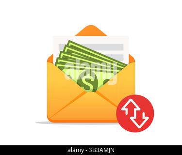 Öffnen Sie den Umschlag mit Geldscheinen. Geldtransfer, Lohn, Zahlung, Geldeingang, Geldgeschenk, Bargeld. Vektorabbildung. Isoliert auf einem weißen Backgr Stock Vektor