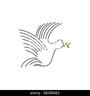 Friedenstaube. Line Art Bird. Grünes Blattsymbol. Minimaler Vektorstil. Stock Vektor