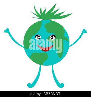 Comicfigur der Erde. Lächelnder Planet Globus. Fröhliches grünes Blau. Lustige Vektor-Illustration. Stock Vektor