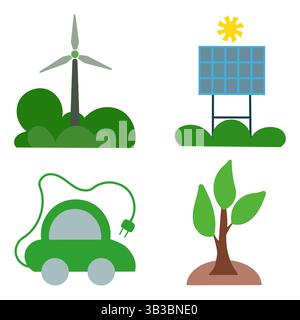 Grüne Energiesymbole. Symbol für Windkraftanlage. Abbildung des Solarmoduls. Vektor-ECO-Konzept. Stock Vektor