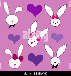 Niedliche Hasenköpfe. Illustration der weißen Kaninchen. Lila Herzmuster. Untergeordnetes Vektordesign. Stock Vektor