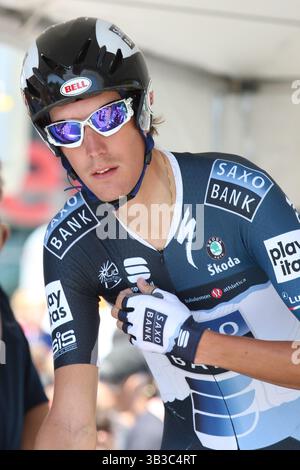 22. Mai 2010: Andy Schleck vom Team Saxo Bank macht sich bereit, während der 7. Etappe der Amgen Tour of California sein Zeitfahren durch Los Angeles zu fahren. Andy belegte den 22. Platz mit einer Zeit von 00,44'16''. (Bild: © Brandon Parry via ZUMA Wire) Stockfoto