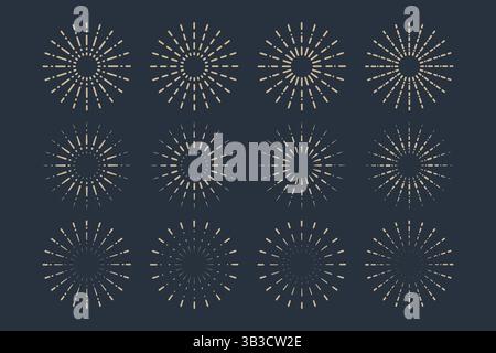 Kollektion dekorativer Sonnenschliff-Formen vor dunklem Hintergrund. Geometrische Muster und strahlende Linien sorgen für ein Vintage-Gefühl. Stock Vektor
