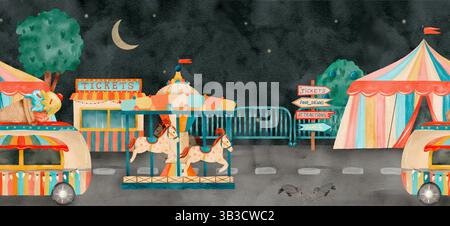 Eine wunderschöne, bezaubernde Aquarellillustration, die einen lebhaften Karneval bei Nacht voller Attraktionen darstellt. Handgezeichneter nahtloser Rand mit Aquarell. Stockfoto